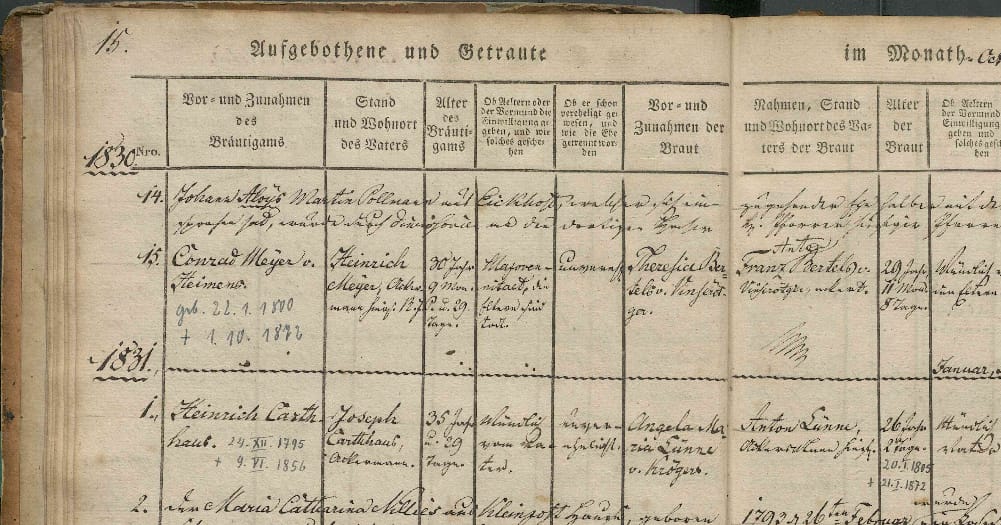 This picture shows a part of a page from a German church book, containing parts of several marriage entries from the 1830s.