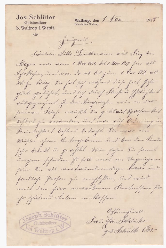 A handwritten reference letter in Kurrent script, with a stamp of the farm at the top.