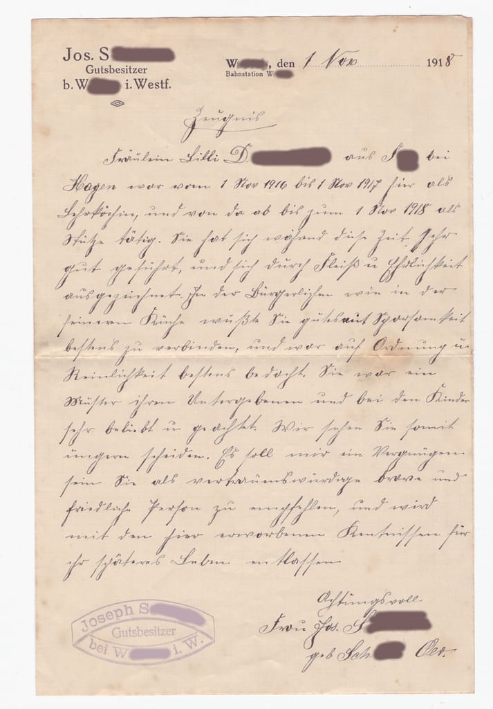 Arbeitszeugnis meiner Urgroßmutter Lilli D. aus dem Jahr 1918, geschrieben in Sütterlin.