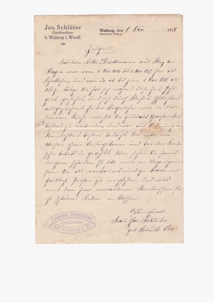 Ein handschriftlich verfasstes Arbeitszeugnis, in Kurrent geschrieben.